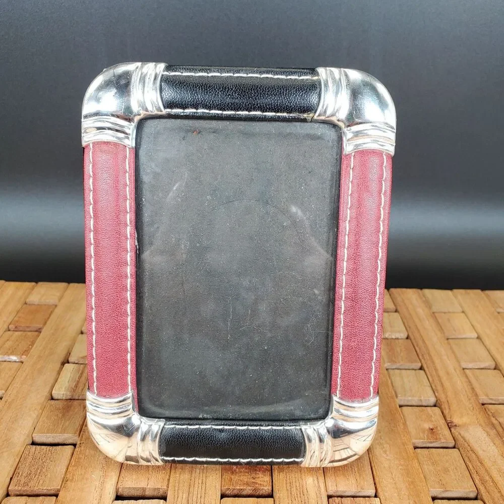 Leather & Silver Plated Photo Frame Black Red Desk Frame Vintage Style